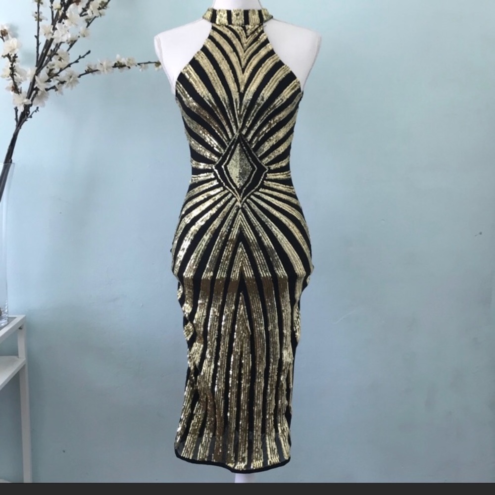 Foreve 21 Gold Black Sequin Tall Neck Dress sz M